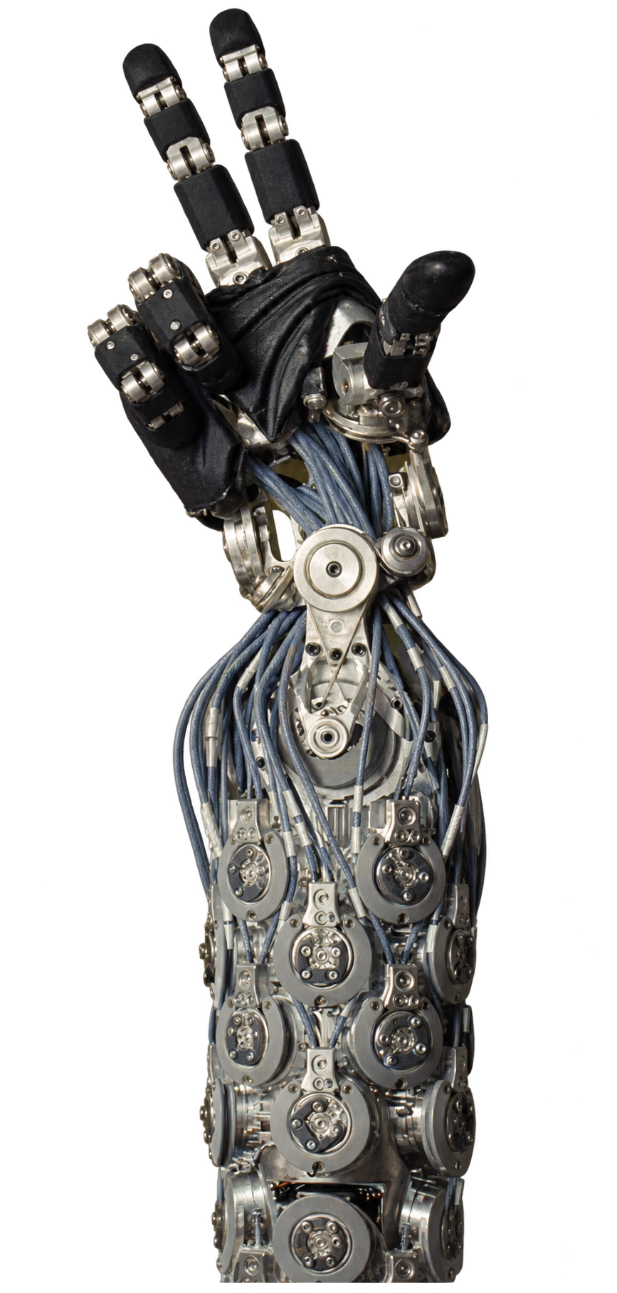 A NEO robotic hand making a peace sign with its fingers leaning left